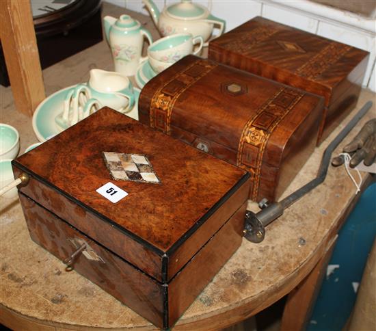 Three Victorian inlaid walnut sewing boxes